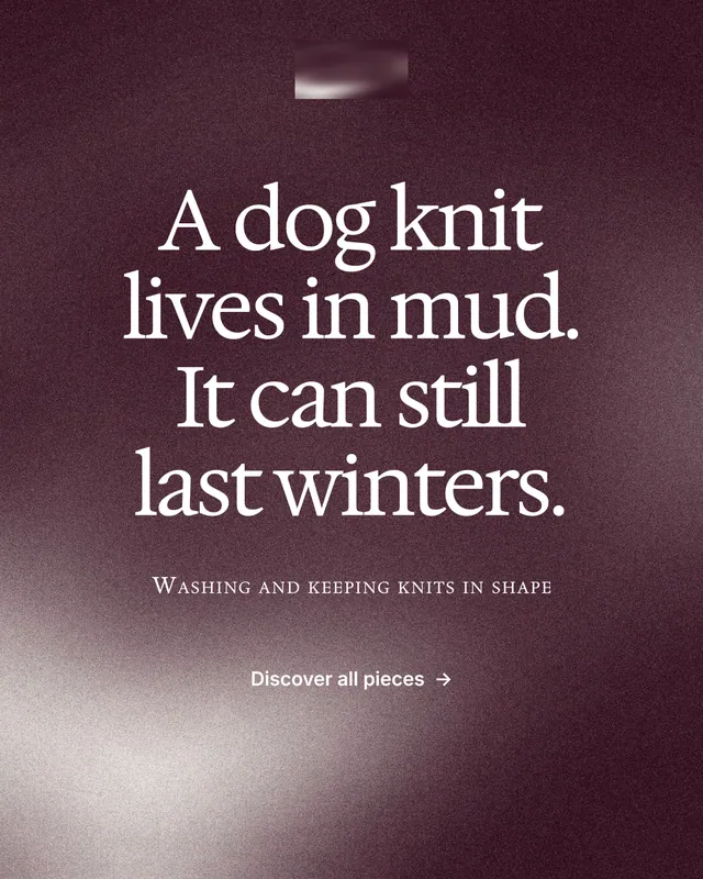 Instagram portrait post for By Teddy: "A dog knit lives in mud. It can still last winters." Cyanotype style, smallcaps layout, dark palette in grey, pink, red.