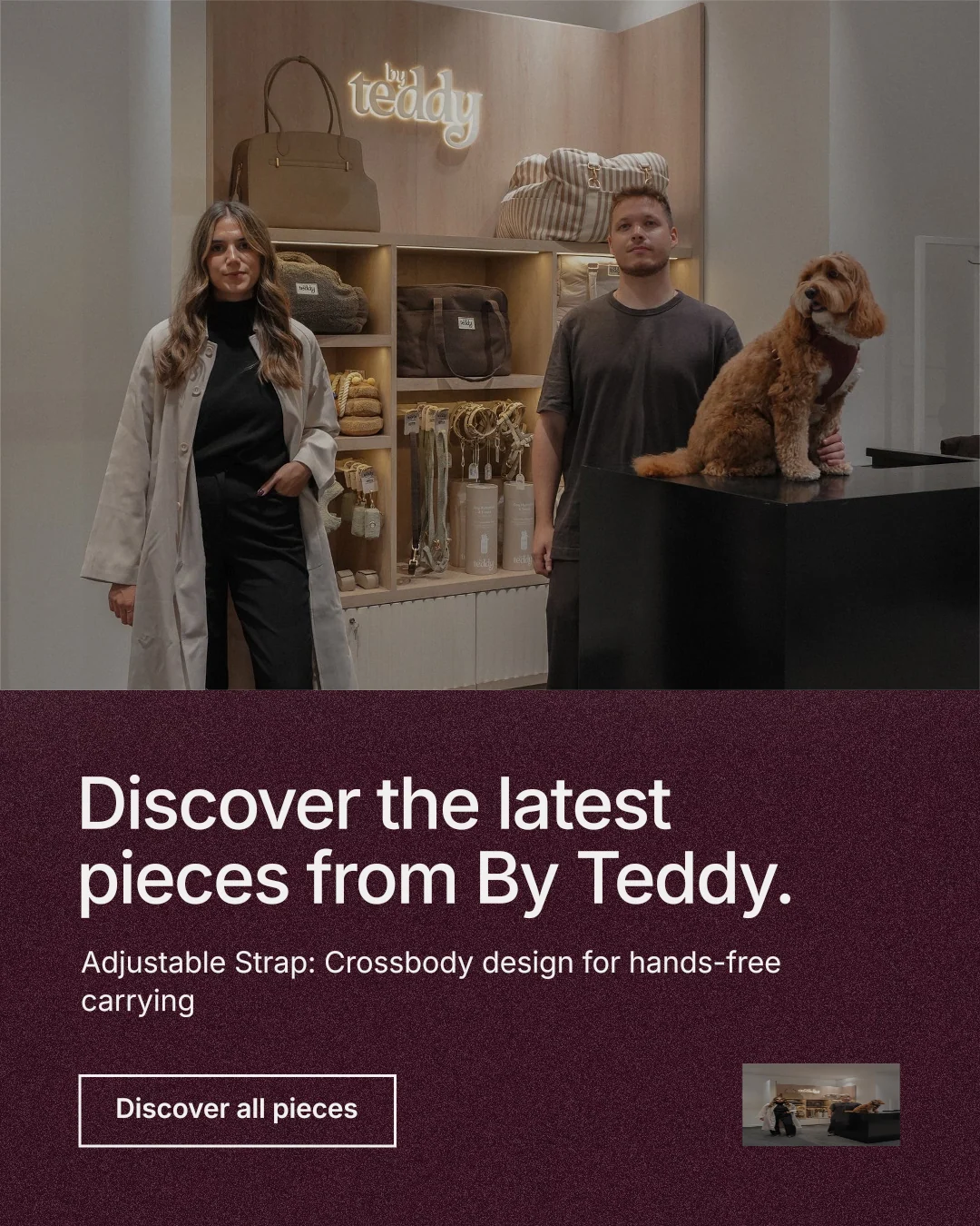 Instagram portrait post for By Teddy: "Discover the latest pieces from By Teddy." Cyanotype style, bottom layout, dark palette in red, grey, black.
