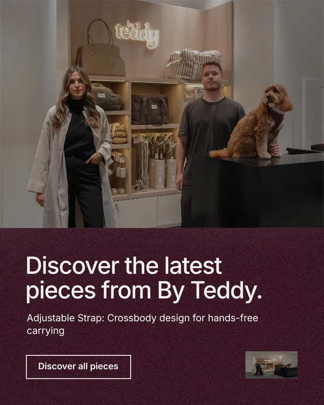 Instagram portrait post for By Teddy: "Discover the latest pieces from By Teddy." Cyanotype style, bottom layout, dark palette in red, grey, black.