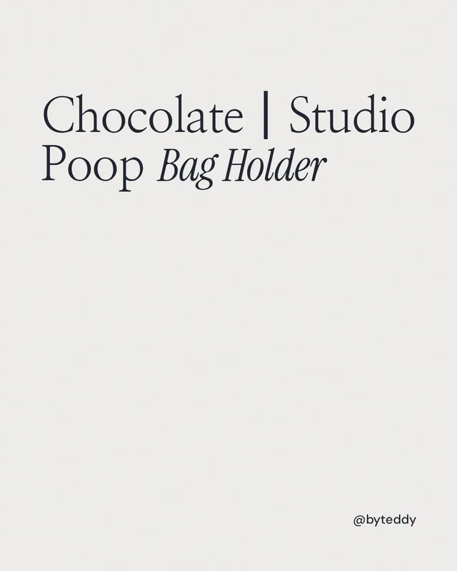 Instagram portrait post for By Teddy: "Chocolate┃Studio Poop Bag Holder". Editorial style, technique:mixed type lockup layout, light palette in white, grey.