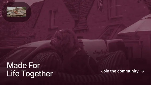 Landscape graphic for By Teddy: "Made For Life Together". Cyanotype style, image led layout, dark palette in black, red, pink.