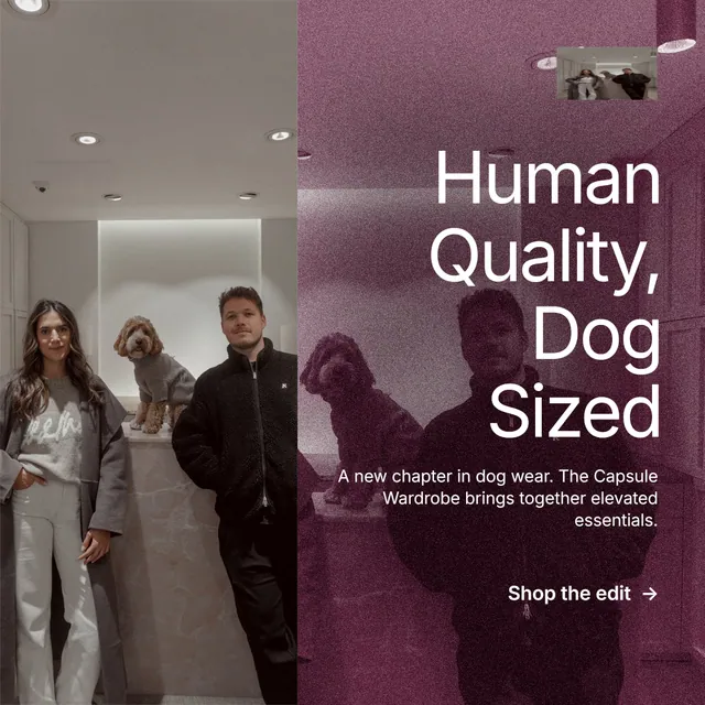 Instagram post for By Teddy: "Human Quality, Dog Sized". Film still style, right layout, dark palette in red, grey.
