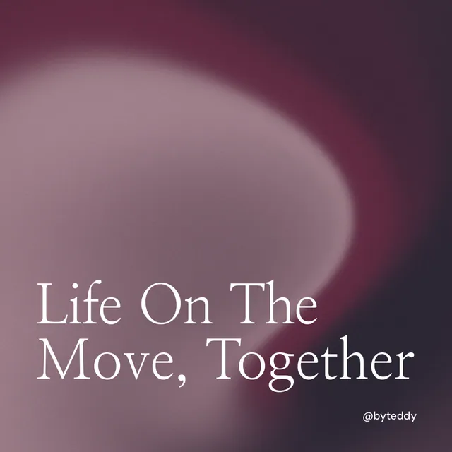 Instagram post for By Teddy: "Life On The Move, Together". Auto 1x1 style, technique:shader field layout, dark palette in pink, grey.