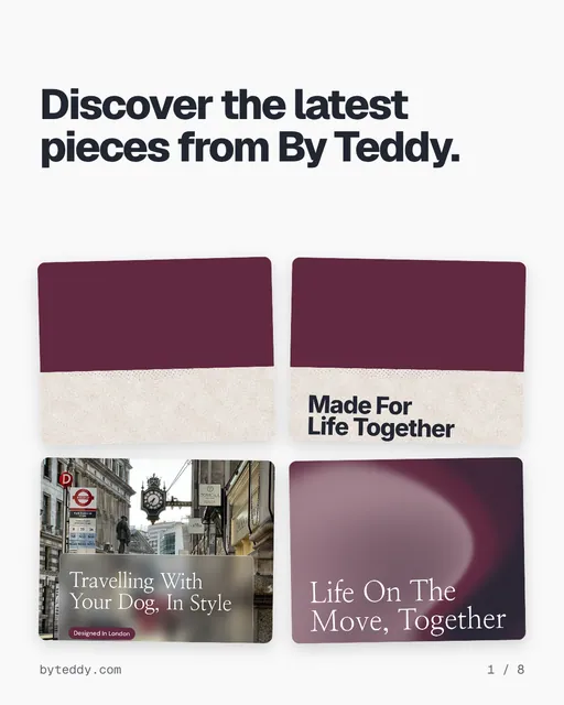 Carousel for By Teddy: "Discover the latest pieces from By Teddy.". Collection carousel, 8 slides, light palette.