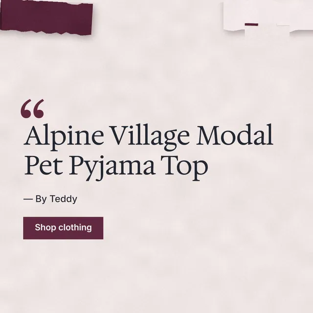 Instagram post for By Teddy: "Alpine Village Modal Pet Pyjama Top". Swiss style, quote layout, light palette in red, white, grey.