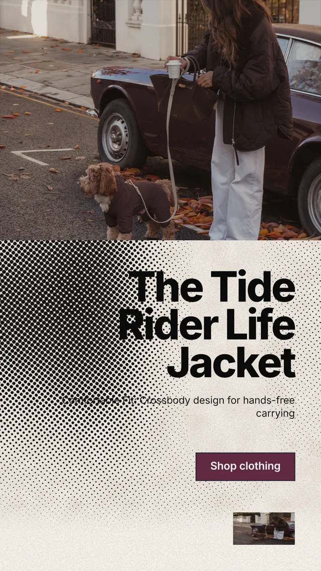 Instagram story for By Teddy: "The Tide Rider Life Jacket". Ink sticker style, right layout, light palette in grey, black, orange.