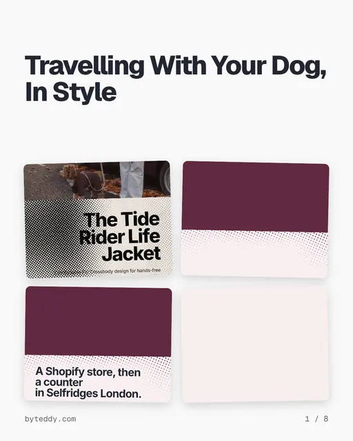 Carousel for By Teddy: "Travelling With Your Dog, In Style". Collection carousel, 8 slides, light palette.