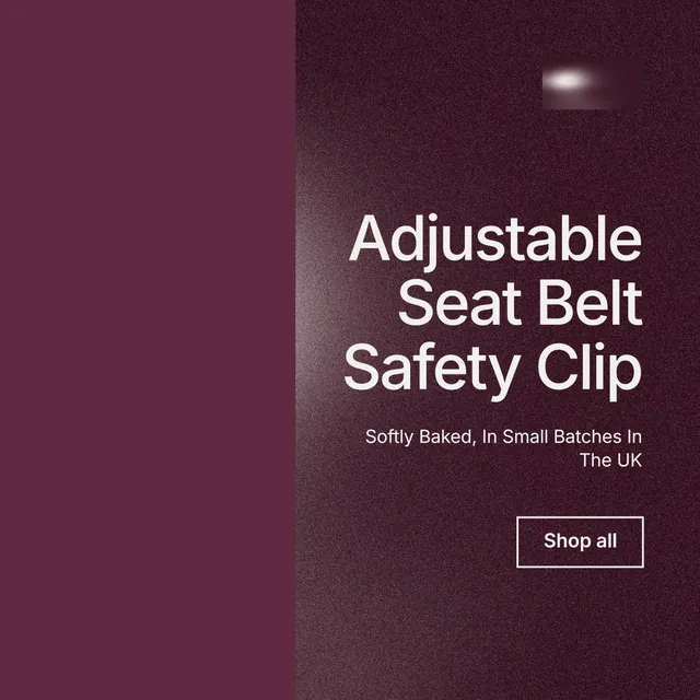 Instagram post for By Teddy: "Adjustable Seat Belt Safety Clip". Cyanotype style, right layout, dark palette in red, grey.
