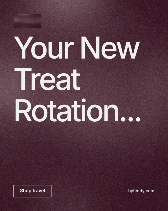 Instagram portrait post for By Teddy: "Your New Treat Rotation..." Cyanotype style, poster layout, dark palette in red, grey.