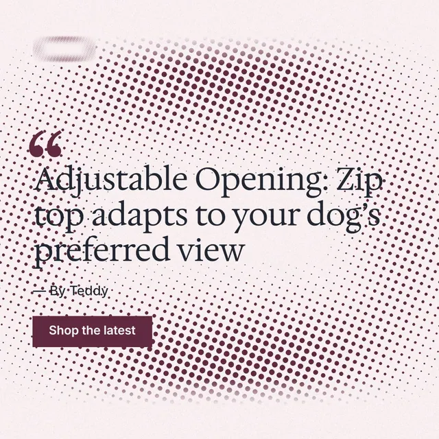 Instagram post for By Teddy: "Adjustable Opening: Zip top adapts to your dog’s preferred view". Swiss style, quote layout, light palette in red, grey, white.