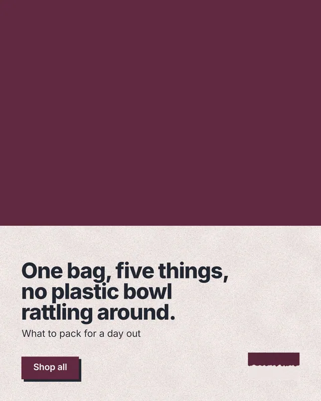 Instagram portrait post for By Teddy: "One bag, five things, no plastic bowl rattling around." Paper trio style, bottom layout, light palette in red, orange.