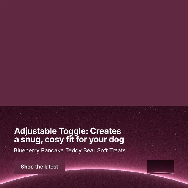 Instagram post for By Teddy: "Adjustable Toggle: Creates a snug, cosy fit for your dog". Swiss style, bottom layout, dark palette in red, pink.