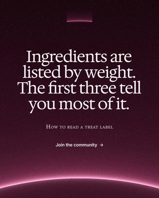 Instagram portrait post for By Teddy: "Ingredients are listed by weight. The first three tell you most of it." Swiss style, smallcaps layout, dark palette in pink, black.