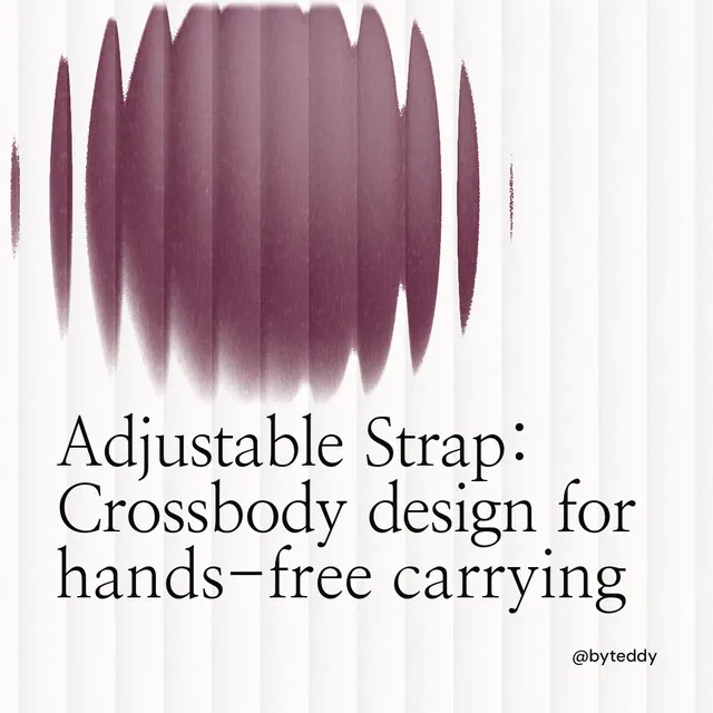 Instagram post for By Teddy: "Adjustable Strap: Crossbody design for hands-free carrying". Auto 1x1 style, technique:shader field layout, light palette in white, red, grey.
