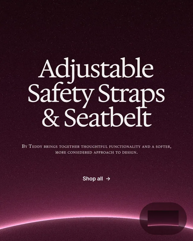 Instagram portrait post for By Teddy: "Adjustable Safety Straps & Seatbelt". Swiss style, smallcaps layout, dark palette in black, pink, grey.