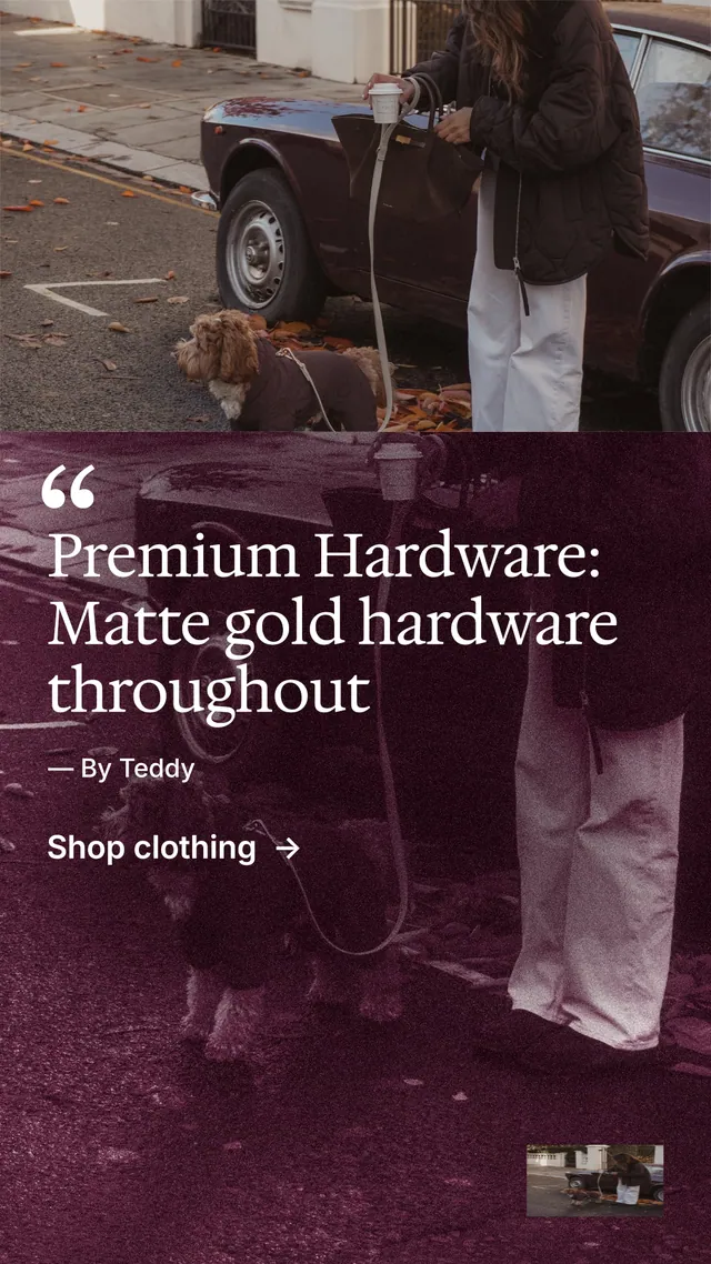 Instagram story for By Teddy: "Premium Hardware: Matte gold hardware throughout". Film still style, quote layout, dark palette in red, grey, black.