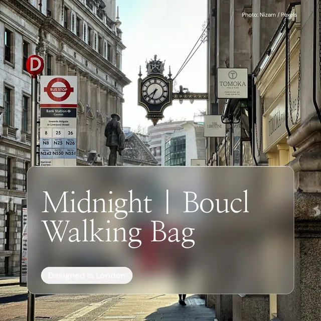 Instagram post for By Teddy: "Midnight | Bouclé Walking Bag". Glass style, technique:pexels ingredient layout, light palette in grey, black.