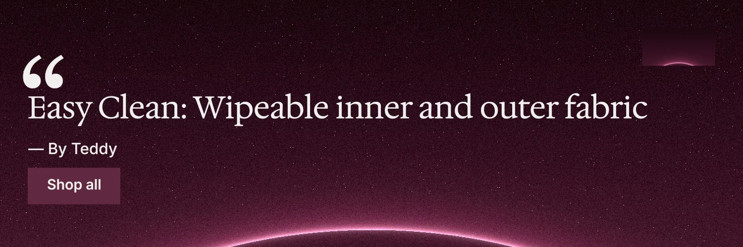 X header for By Teddy: "Easy Clean: Wipeable inner and outer fabric". Swiss style, quote layout, dark palette in pink, black, red.