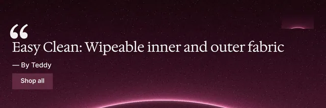 X header for By Teddy: "Easy Clean: Wipeable inner and outer fabric". Swiss style, quote layout, dark palette in pink, black, red.
