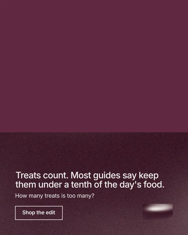 Instagram portrait post for By Teddy: "Treats count. Most guides say keep them under a tenth of the day's food." Cyanotype style, bottom layout, dark palette in red.