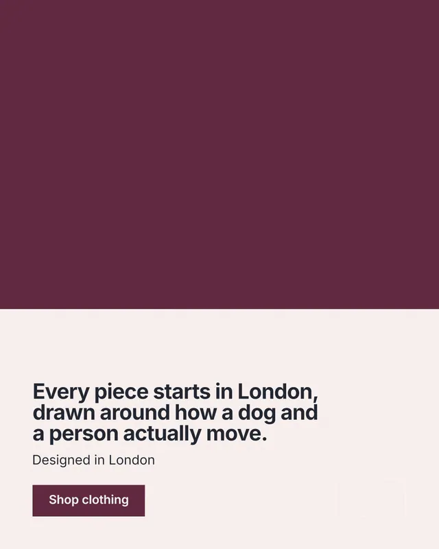 Instagram portrait post for By Teddy: "Every piece starts in London, drawn around how a dog and a person actually move." Swiss style, bottom layout, light palette in red, white, grey.