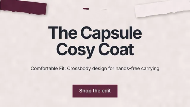 Landscape graphic for By Teddy: "The Capsule Cosy Coat". Swiss style, centred layout, light palette in red, grey, white.