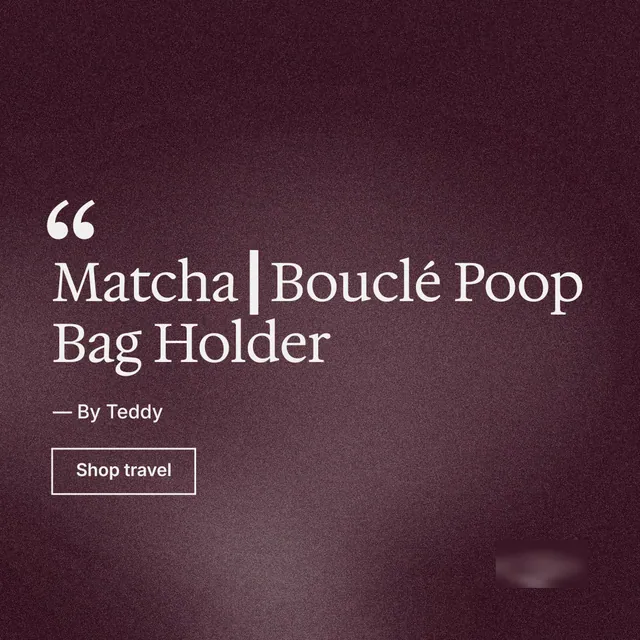 Instagram post for By Teddy: "Matcha┃Bouclé Poop Bag Holder". Cyanotype style, quote layout, dark palette in red, grey.