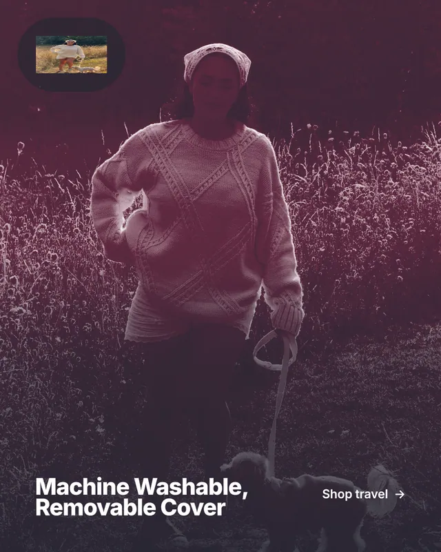 Instagram portrait post for By Teddy: "Machine Washable, Removable Cover". Ink sticker style, image led layout, dark palette in black, pink, grey.