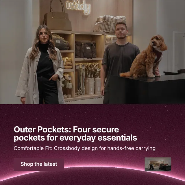 Instagram post for By Teddy: "Outer Pockets: Four secure pockets for everyday essentials". Swiss style, bottom layout, dark palette in grey, pink, black.