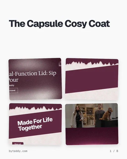 Carousel for By Teddy: "The Capsule Cosy Coat". Collection carousel, 8 slides, light palette.