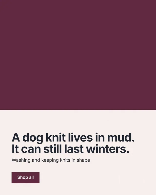 Instagram portrait post for By Teddy: "A dog knit lives in mud. It can still last winters." Swiss style, bottom layout, light palette in red, white, grey.