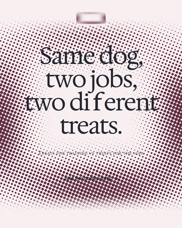 Instagram portrait post for By Teddy: "Same dog, two jobs, two different treats." Swiss style, smallcaps layout, light palette in grey, red, white.