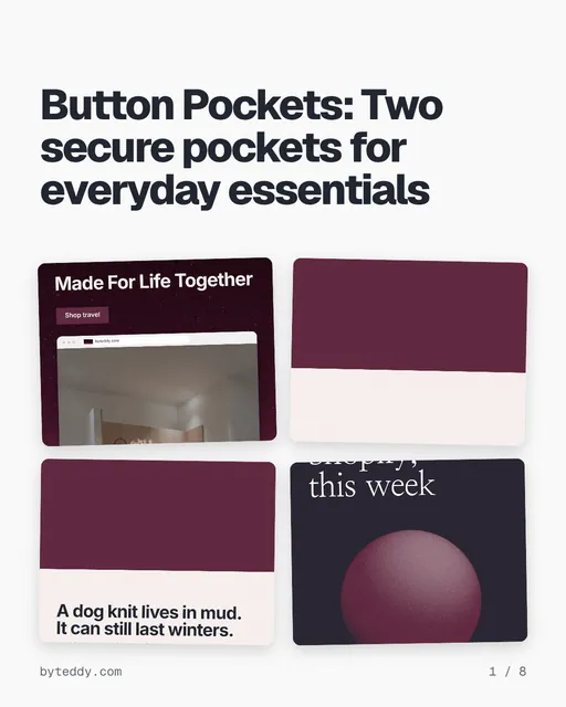 Carousel for By Teddy: "Button Pockets: Two secure pockets for everyday essentials". Collection carousel, 8 slides, light palette.