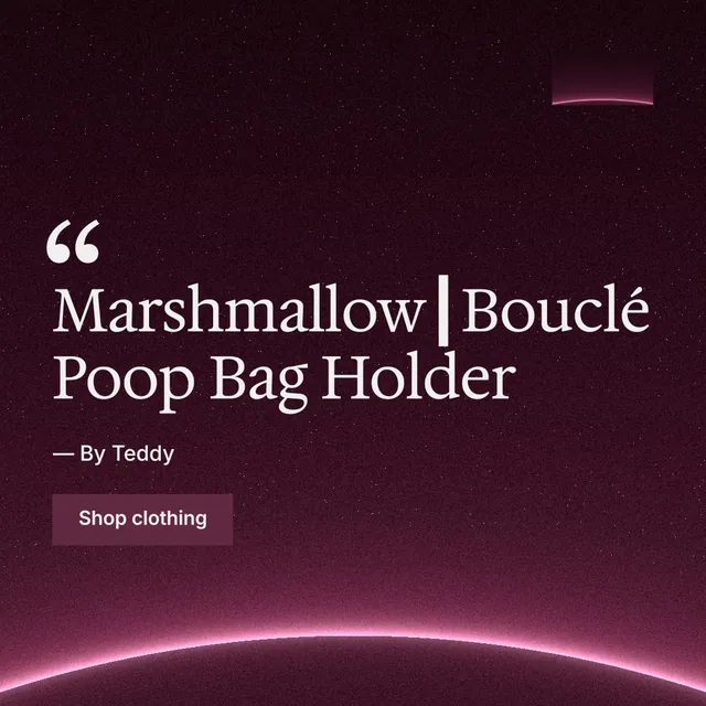 Instagram post for By Teddy: "Marshmallow┃Bouclé Poop Bag Holder". Swiss style, quote layout, dark palette in black, pink.