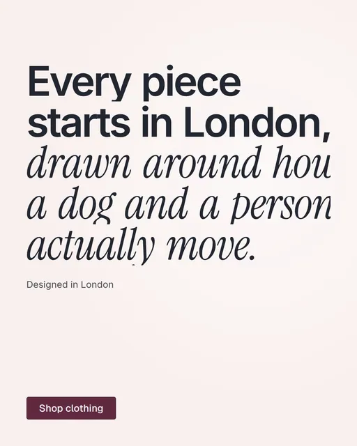 Video for By Teddy: "Every piece starts in London, drawn around how a dog and a person actually move.". Doc motion loop, 8.0 s, light palette.