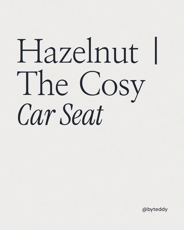 Instagram portrait post for By Teddy: "Hazelnut | The Cosy Car Seat". Editorial style, technique:mixed type lockup layout, light palette in white.