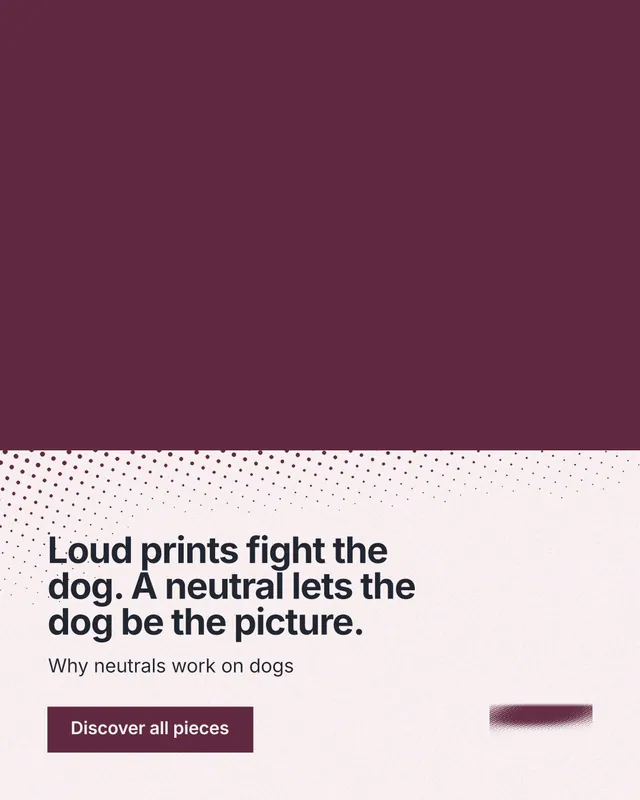 Instagram portrait post for By Teddy: "Loud prints fight the dog. A neutral lets the dog be the picture." Swiss style, bottom layout, light palette in red, white, grey.