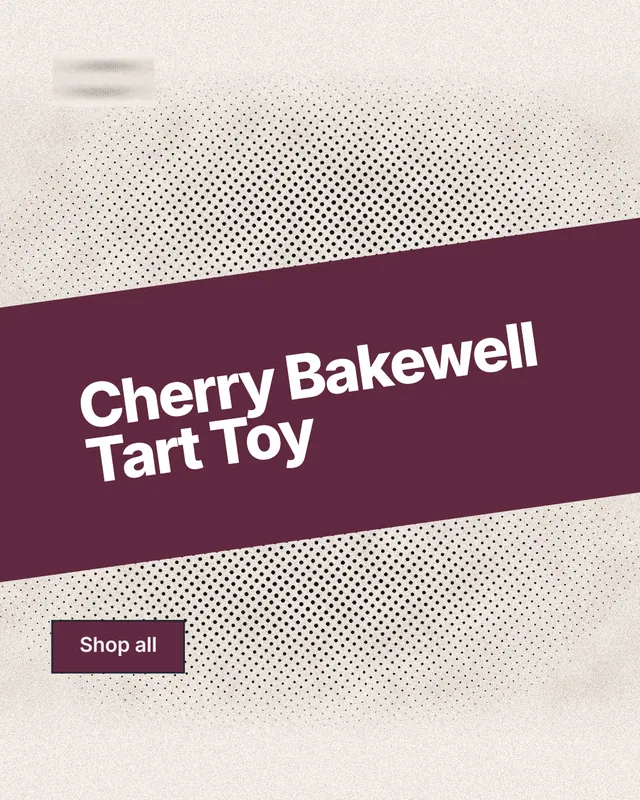 Instagram portrait post for By Teddy: "Cherry Bakewell Tart Toy". Ink sticker style, diagonal layout, light palette in white, orange, red.