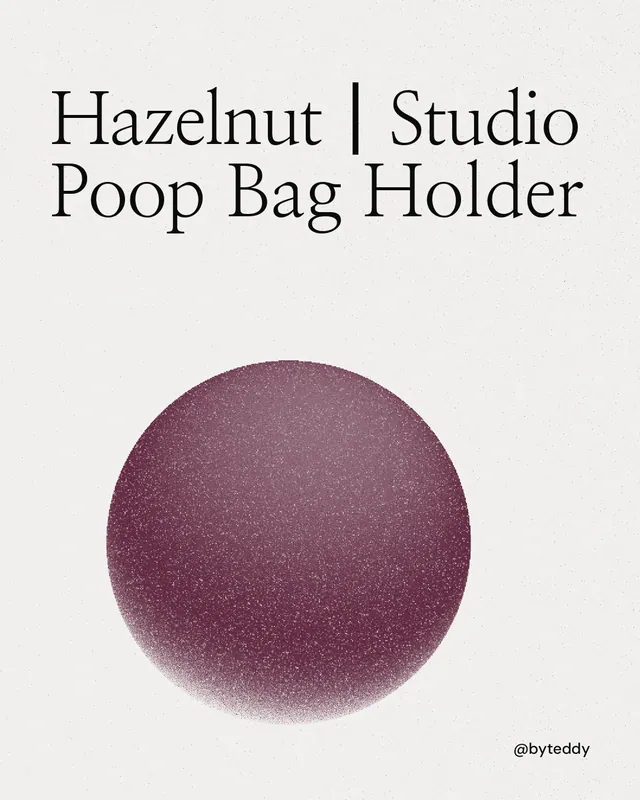 Instagram portrait post for By Teddy: "Hazelnut┃Studio Poop Bag Holder". Auto 4x5 style, technique:shader field layout, light palette in white, red, grey.
