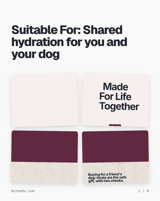 Carousel for By Teddy: "Suitable For: Shared hydration for you and your dog". Collection carousel, 8 slides, light palette.