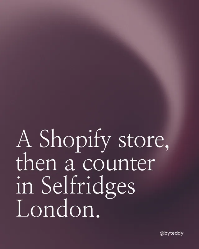 Instagram portrait post for By Teddy: "A Shopify store, then a counter in Selfridges London." Auto 4x5 style, technique:shader field layout, dark palette in grey, pink.