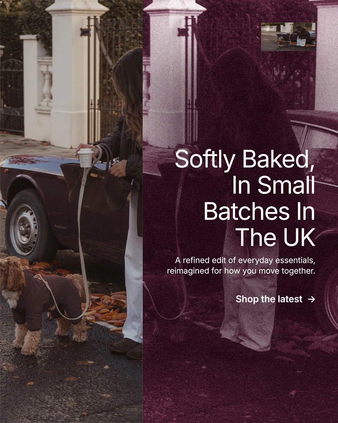 Instagram portrait post for By Teddy: "Softly Baked, In Small Batches In The UK". Film still style, right layout, dark palette in black, grey, pink.