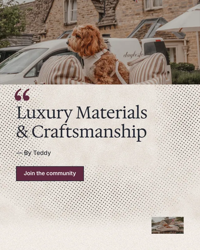Instagram portrait post for By Teddy: "Luxury Materials & Craftsmanship". Ink sticker style, quote layout, light palette in white, orange, grey.