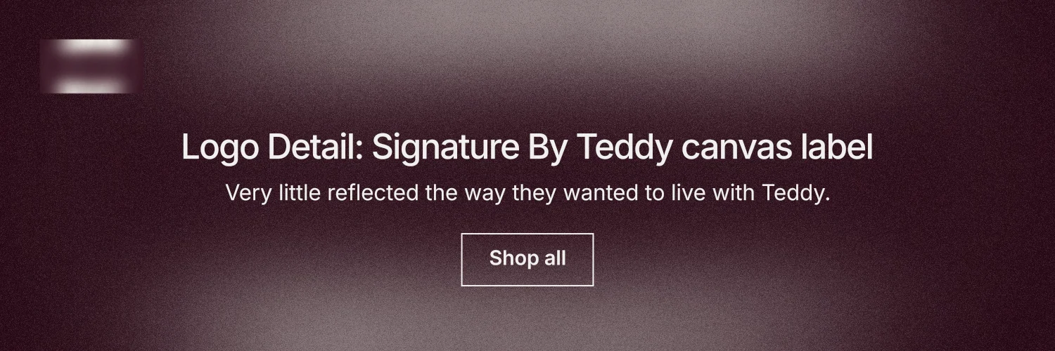 X header for By Teddy: "Logo Detail: Signature By Teddy canvas label". Cyanotype style, centred layout, dark palette in red, grey.