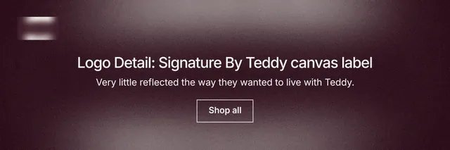 X header for By Teddy: "Logo Detail: Signature By Teddy canvas label". Cyanotype style, centred layout, dark palette in red, grey.