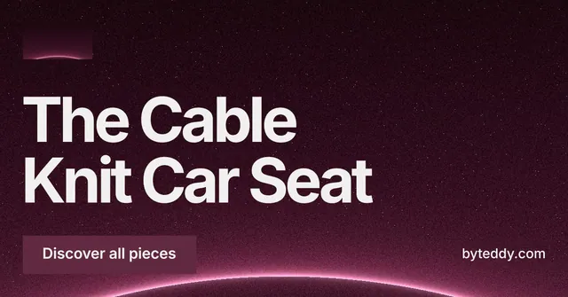 Social ad for By Teddy: "The Cable Knit Car Seat". Swiss style, poster layout, dark palette in pink, black, grey.