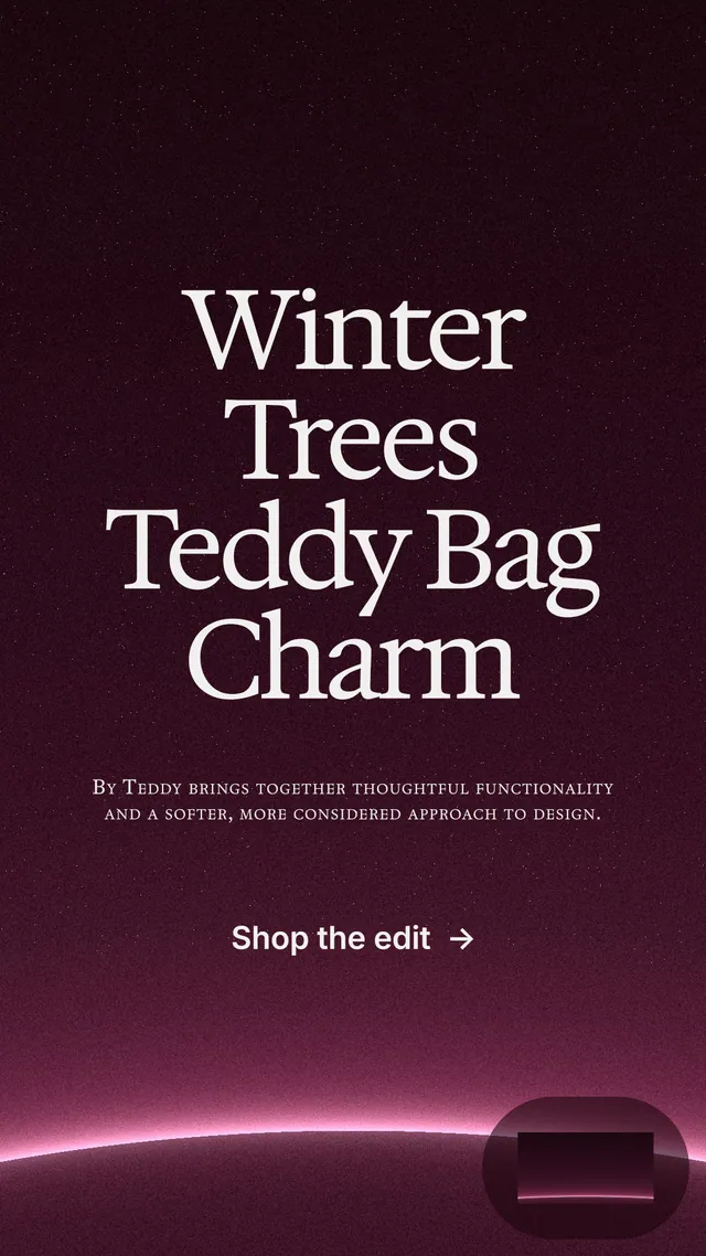 Instagram story for By Teddy: "Winter Trees Teddy Bag Charm". Swiss style, smallcaps layout, dark palette in pink, black.