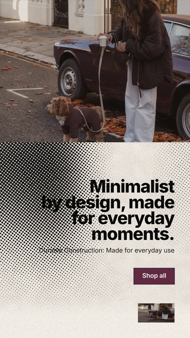 Instagram story for By Teddy: "Minimalist by design, made for everyday moments." Ink sticker style, right layout, light palette in grey, black, orange.
