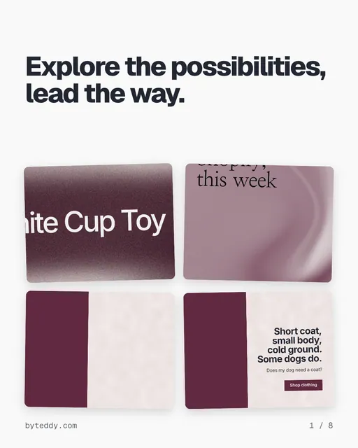 Carousel for By Teddy: "Explore the possibilities, lead the way.". Collection carousel, 8 slides, light palette.