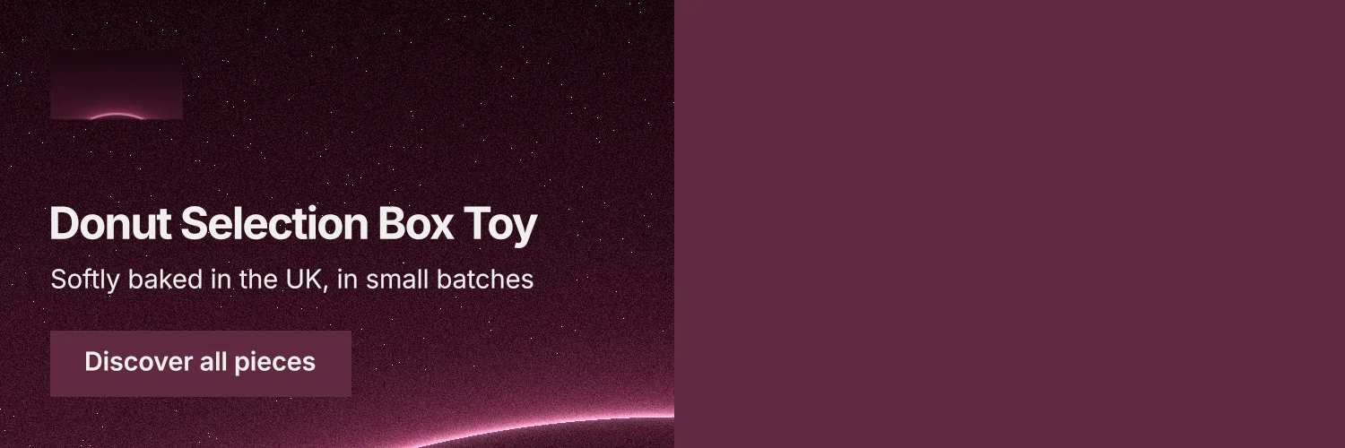 X header for By Teddy: "Donut Selection Box Toy". Swiss style, bottom layout, dark palette in red, pink.